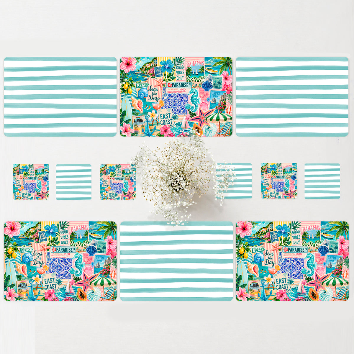 Salvamanteles Bahamas rectangular de WonderTables con estampado tropical y rayas azul turquesa sobre fondo blanco