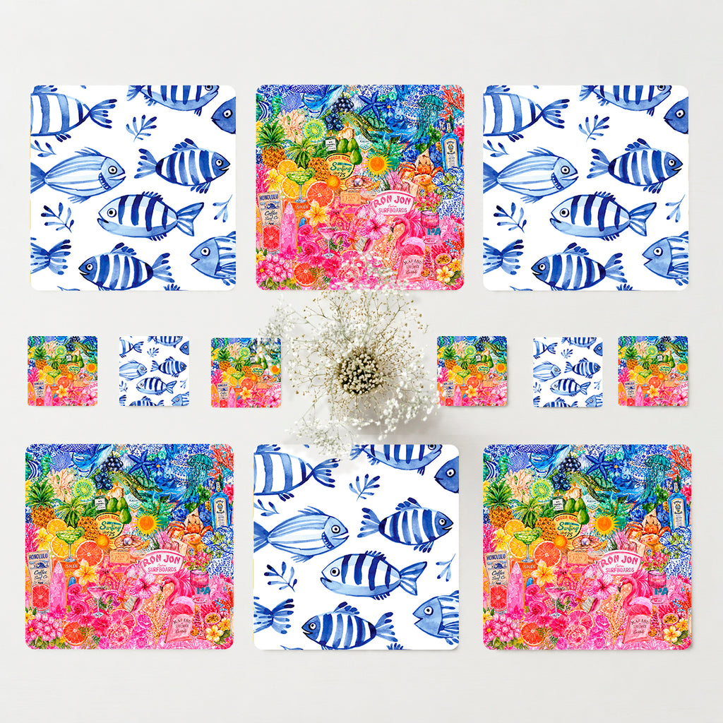 Salvamanteles cuadrados individuales reversibles Caribe en tonos azules y rosas, con estampado de peces y diseño tropical multicolor