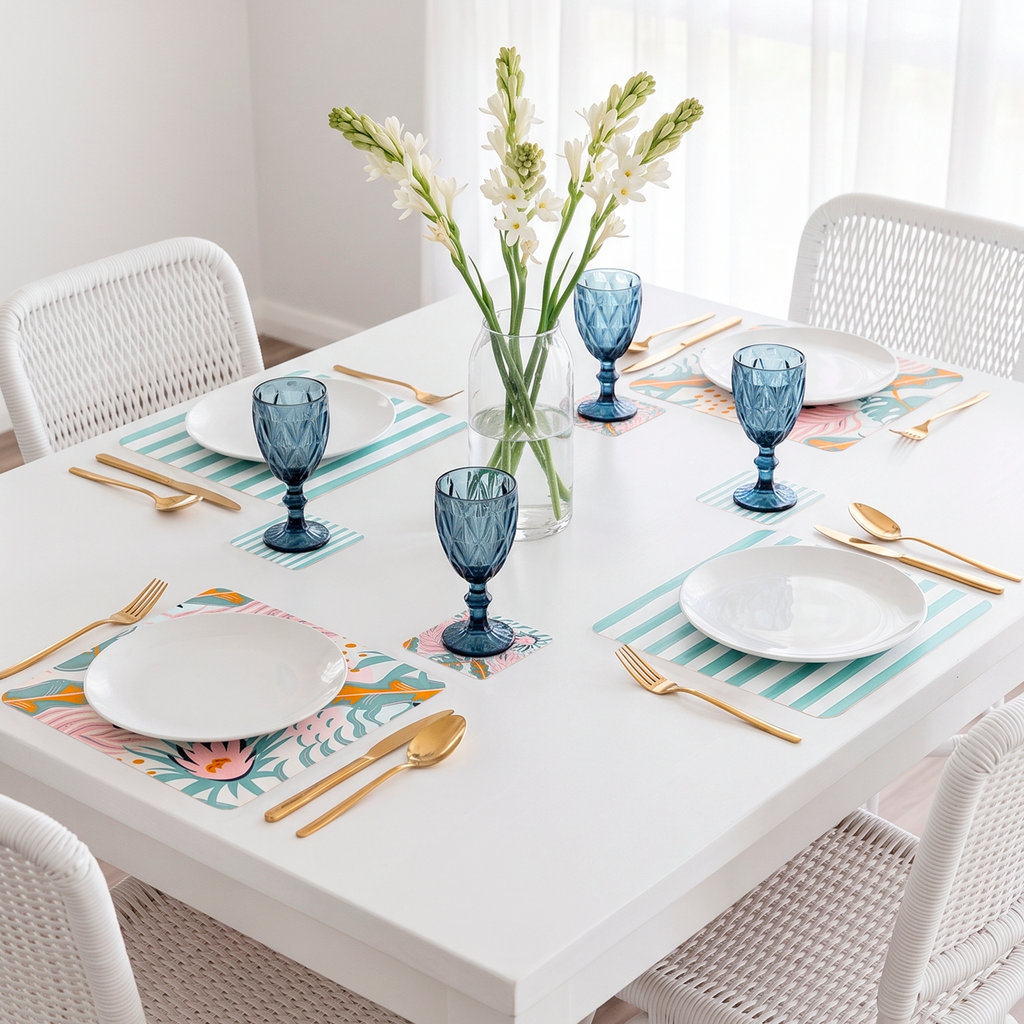 Salvamanteles Daysies de WonderTables con estampado floral en tonos pastel, combinado con rayas azul turquesa, platos blancos y copas azules sobre mesa blanca