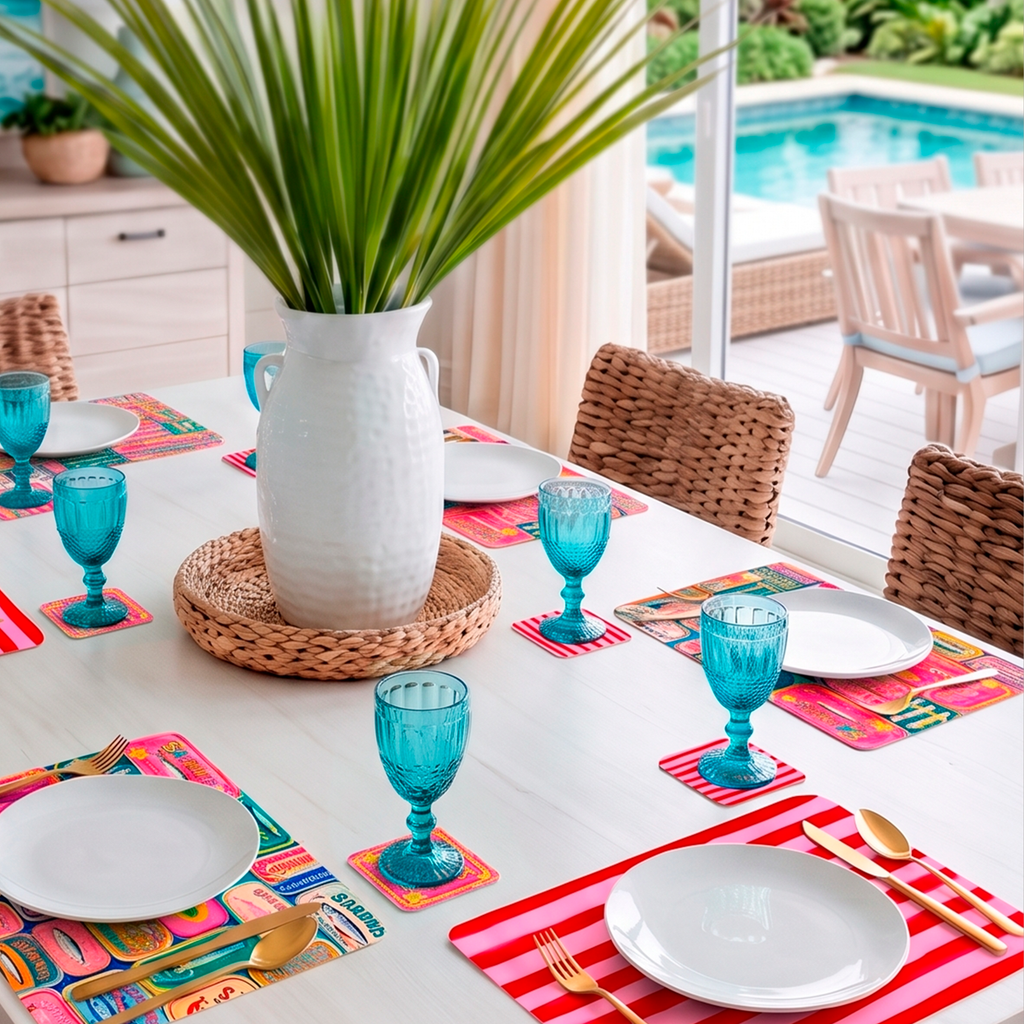 Mesa servida con set de 6 salvamanteles individuales reversibles Summer Sardines en una mesa de comedor junto a una piscina, con vajilla blanca y copas azules.